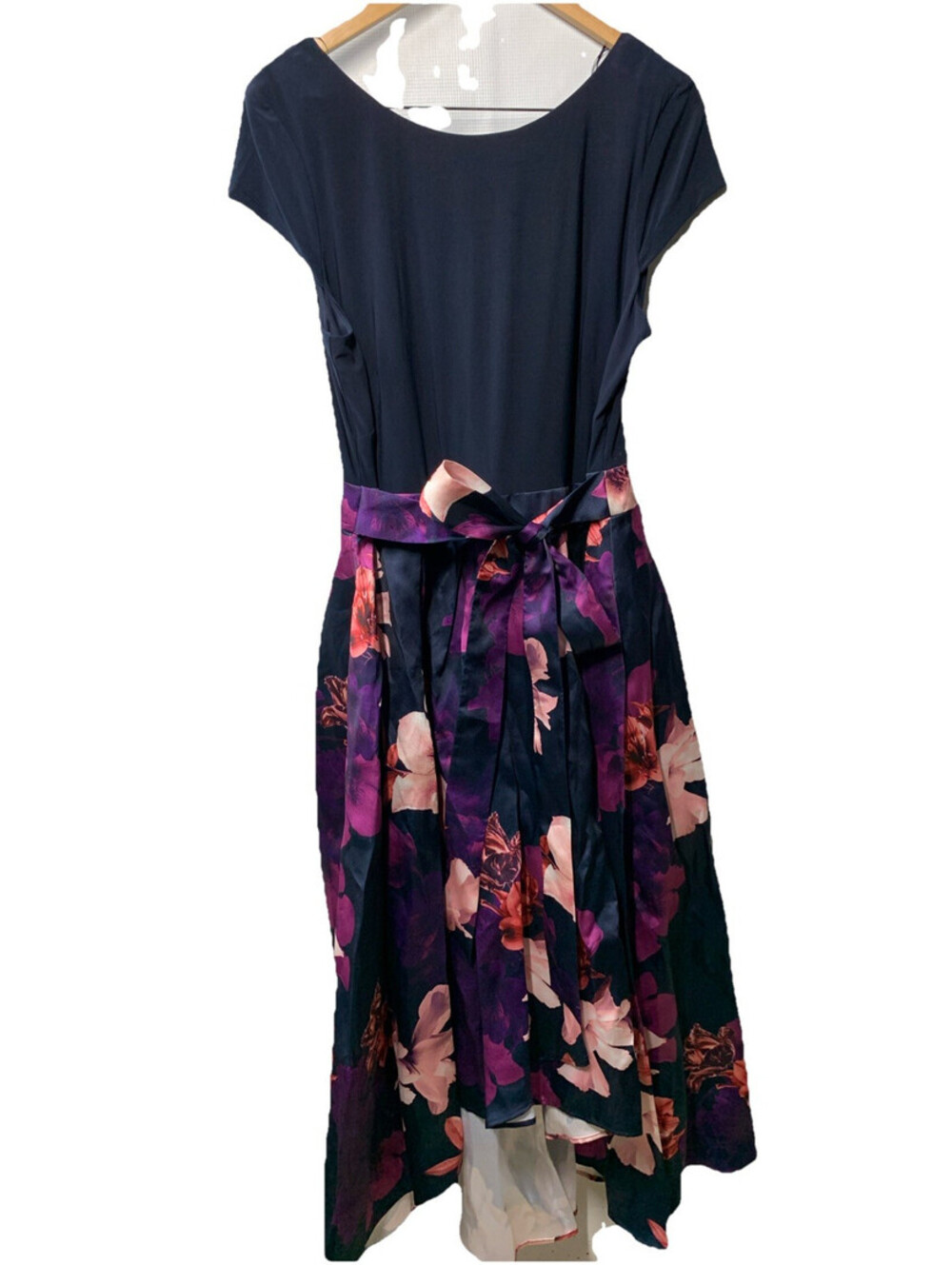 SL Fashion Women's Floral High-Low Gown with Pockets & Stretch Bodice Size 16